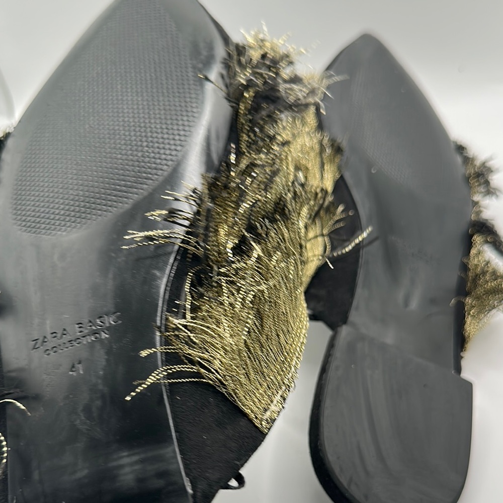 Zara Sz 11 Black Gold Metallic Fringe Mules with Distinctive Design - Picture 6 of 7